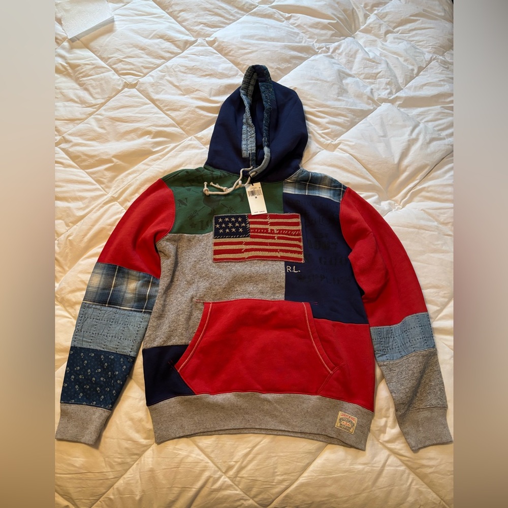 Ralph Lauren Polo Country Patchwork Pullover Fleece Hoodie USA Flag Size M
NWT